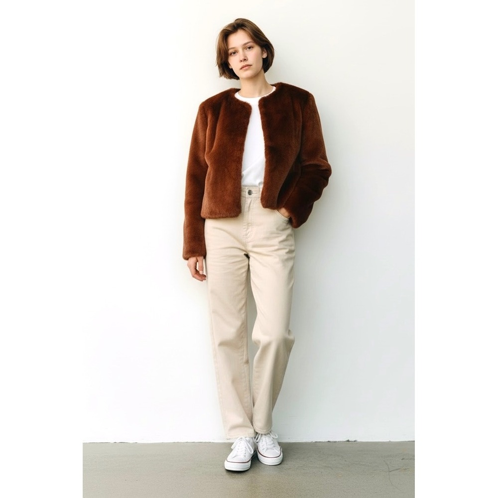 Naked Wardrobe Faux Fur Cropped Jacket‎ Ginger Brown IJ1100 Womens Medium